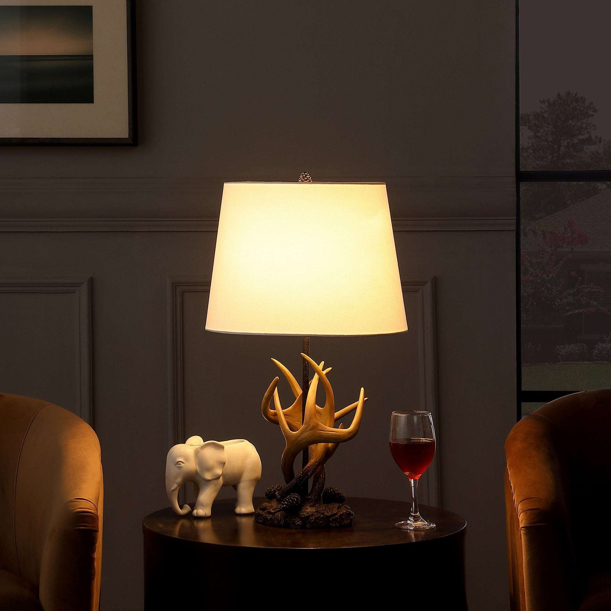 26" Natural And Brown Antlers Table Lamp With White Shade.