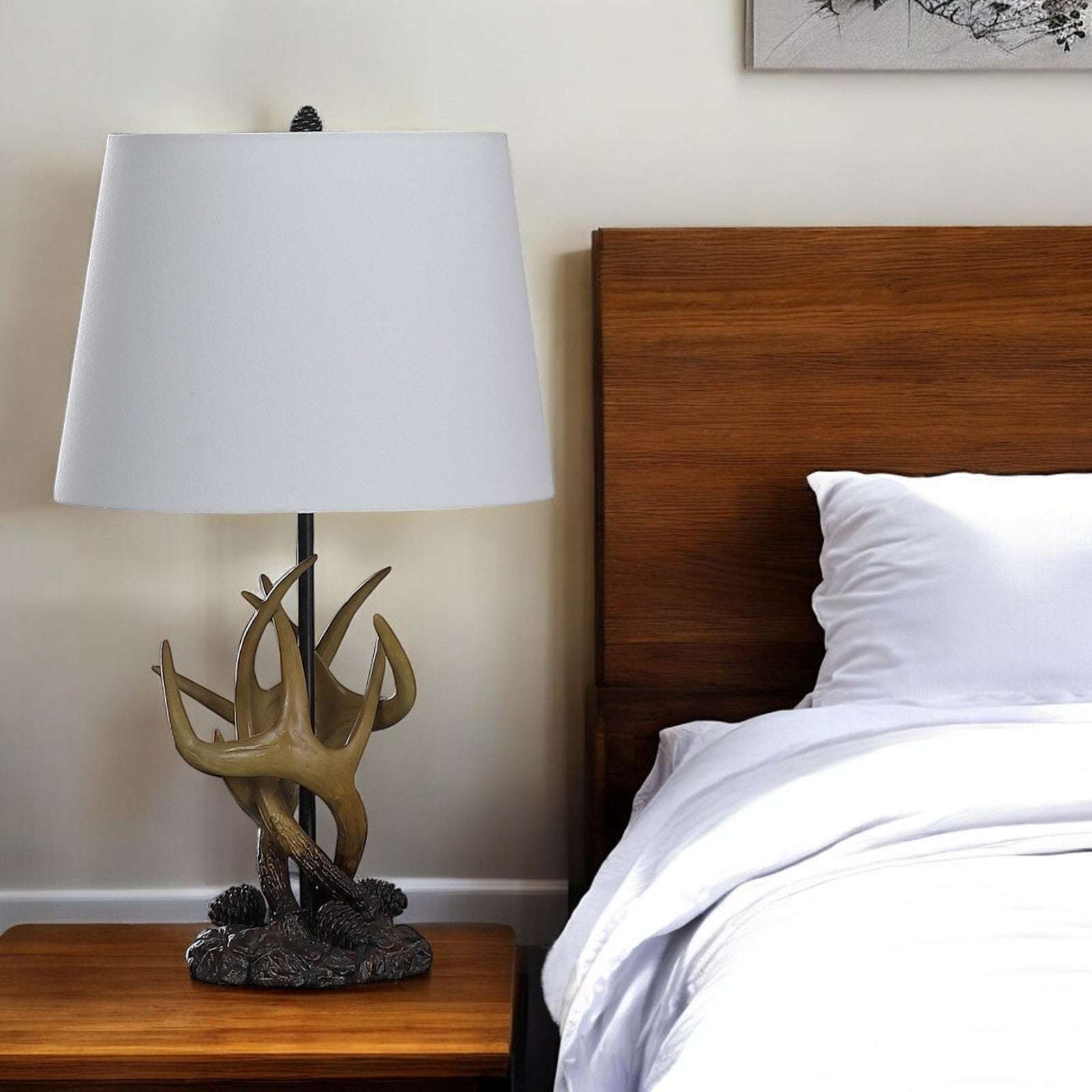 26" Natural And Brown Antlers Table Lamp With White Shade.