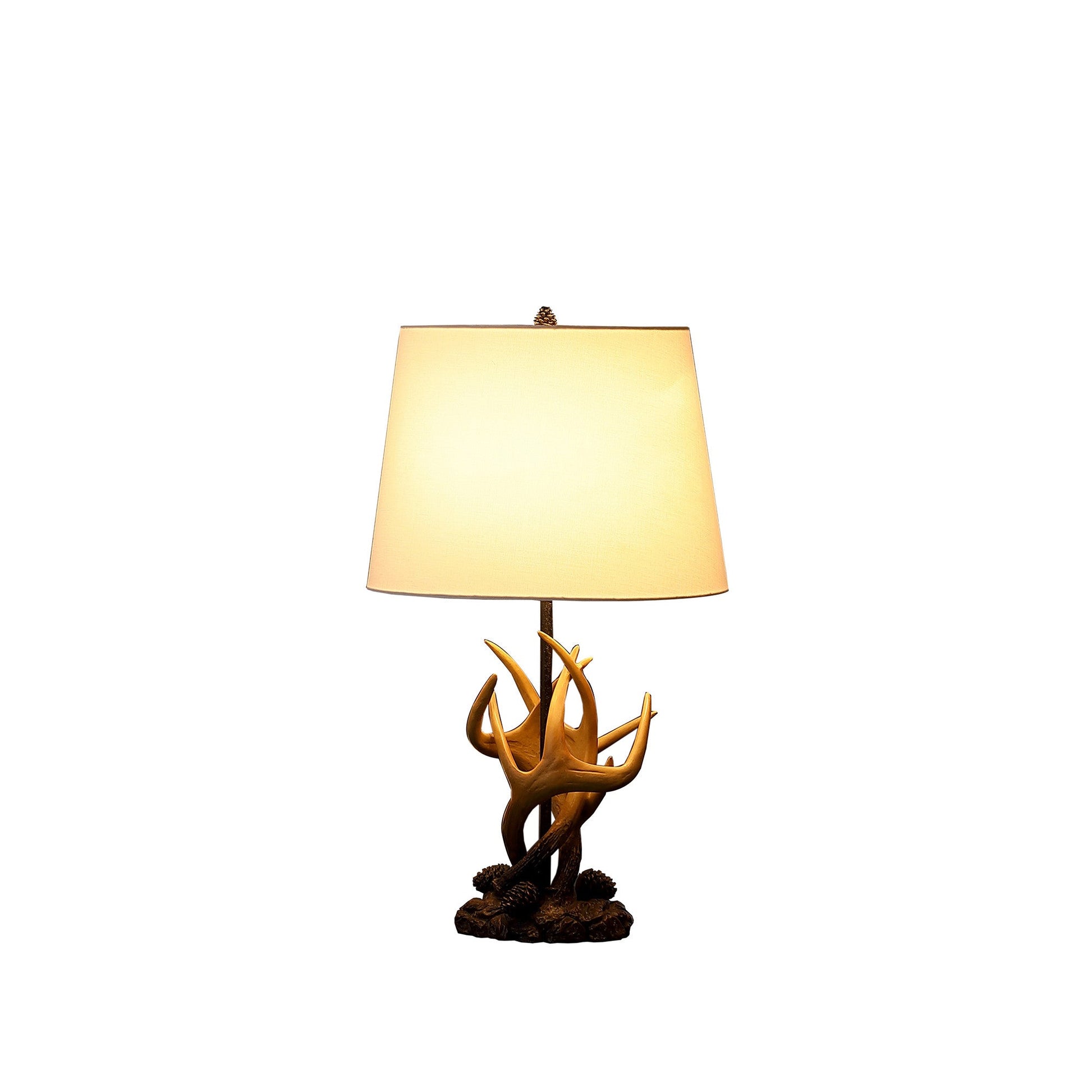 26" Natural And Brown Antlers Table Lamp With White Shade.