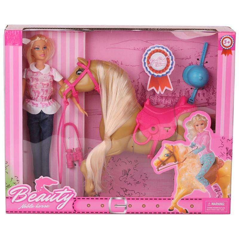 Barbie Doll, Blonde, Wearing Riding Outfit with Helmet, and Light Brown Horse with Soft White Mane and Tail, Gift for 3 to 7 Year Old.