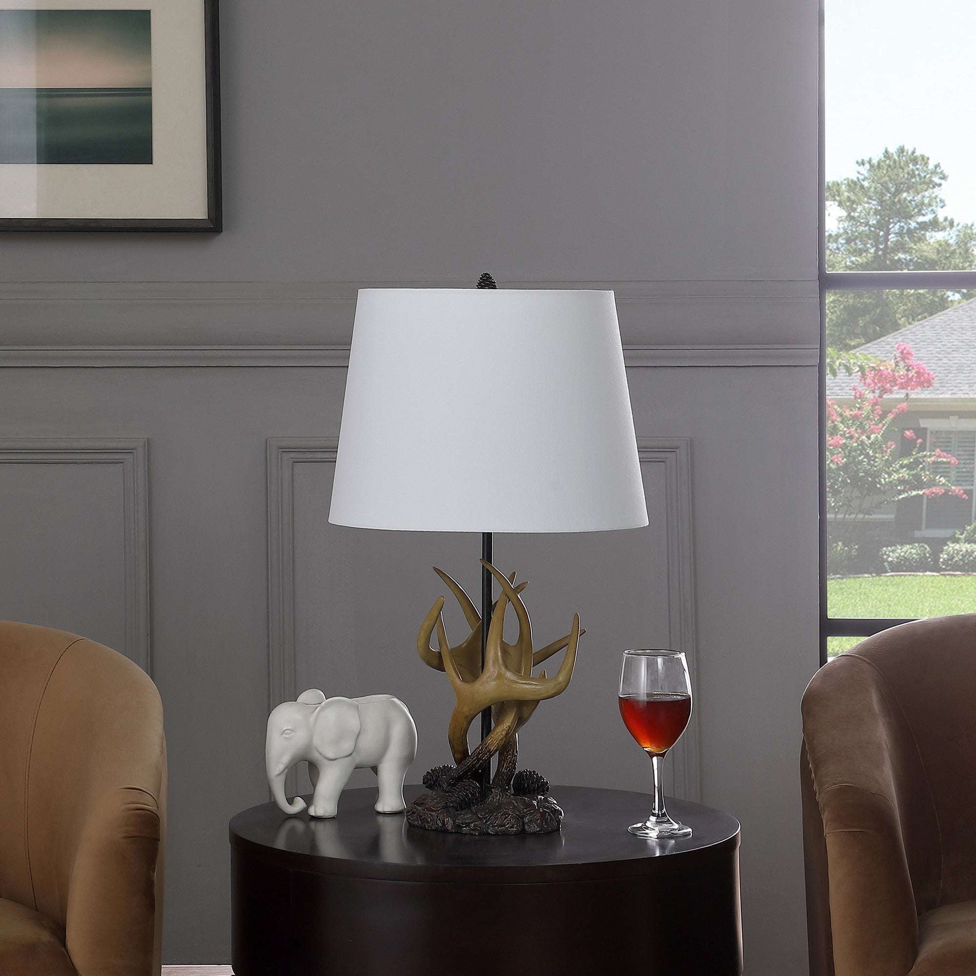 26" Natural And Brown Antlers Table Lamp With White Shade.