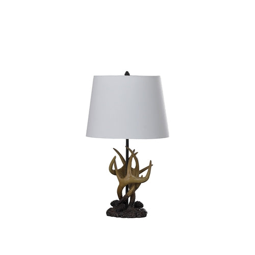 26" Natural And Brown Antlers Table Lamp With White Shade.