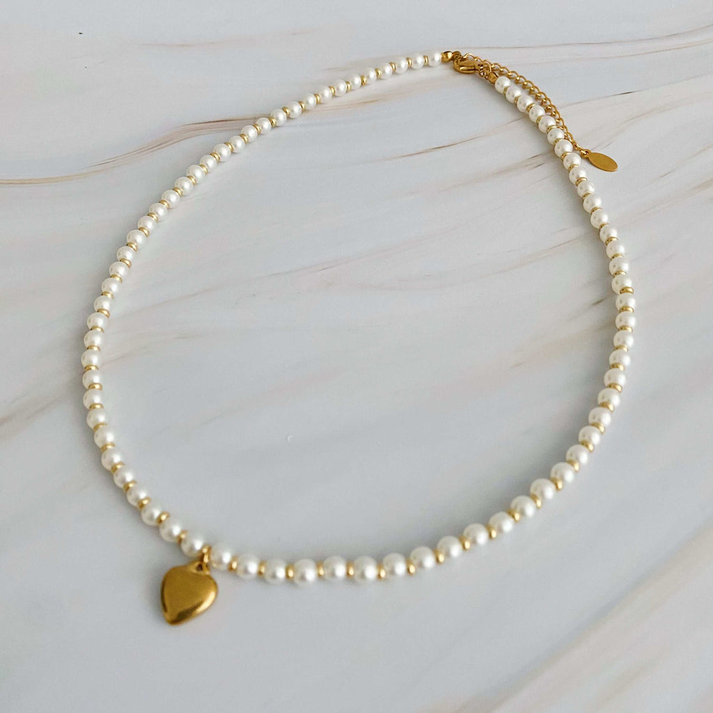 Pearl And Gold Bauble Heart Necklace.