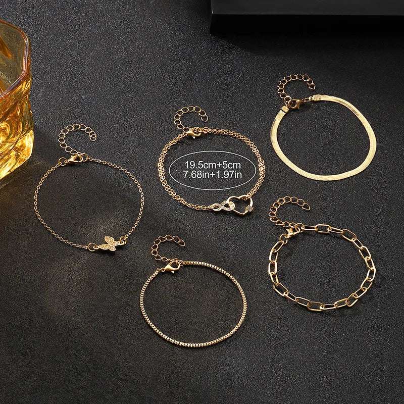 5Pcs Vintage Metal Flat Snake Chain Box Chain Bracelet  Set Women's.