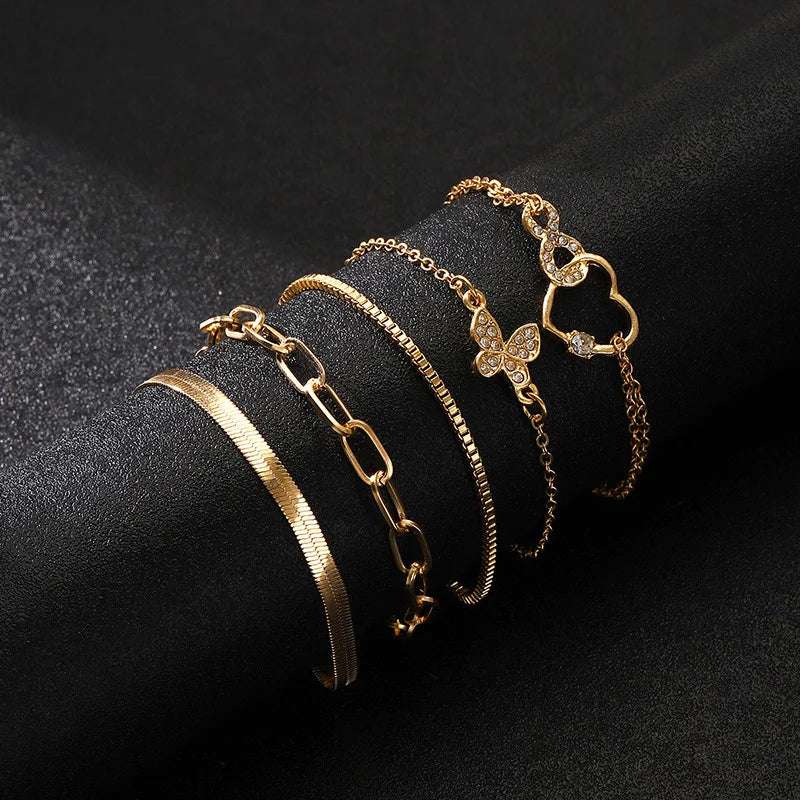 5Pcs Vintage Metal Flat Snake Chain Box Chain Bracelet  Set Women's.