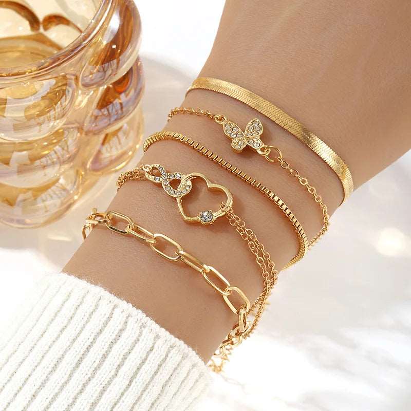 5Pcs Vintage Metal Flat Snake Chain Box Chain Bracelet  Set Women's.
